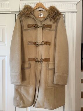 Coach Tan Shearling Pea Coat with Fur-Trim Hood